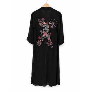 New Look Black Embroidered Dragon Longline Kimono Duster Cover Up Size US 2